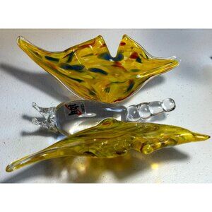 Large Blown Glass Butterfly Ornament Paper Weight Figurine Art Yellow Gift HQT
